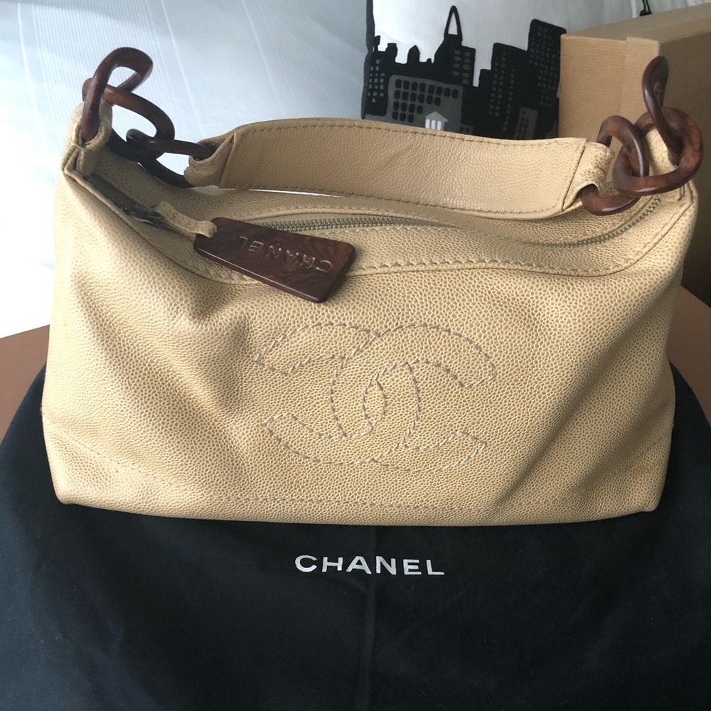 Chanel Wood Chain Tan Caviar Leather Hobo Bag